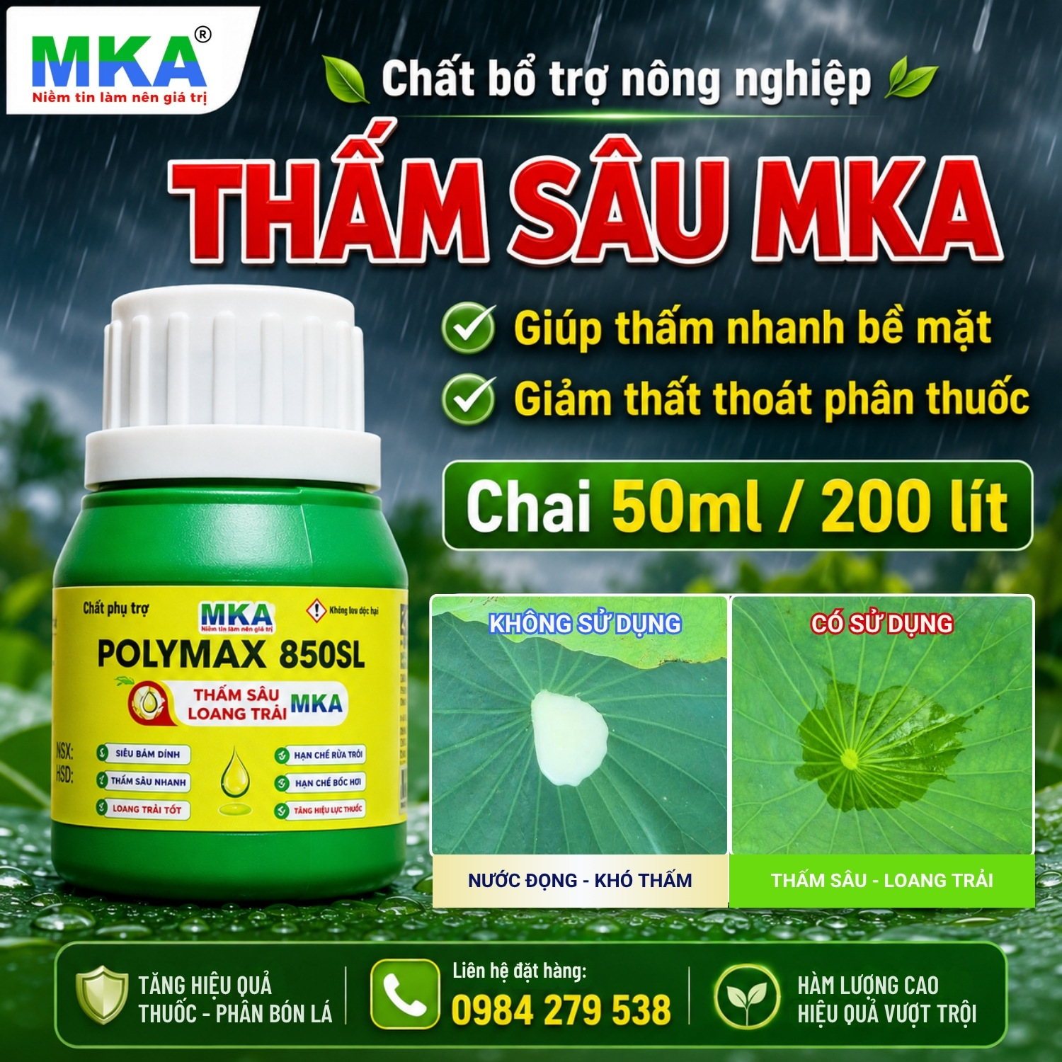 Thấm sâu loang trải MKA chất bám dính tăng hiệu quả phun thuốc